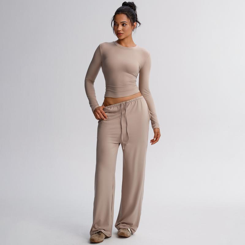 Women's,Two-Piece,Lounge sporty yoga set，Long sleeves Cropped Top with Drawstring Wide-Leg Pants Activewear Set，Stretchy, Skin-Friendly Fabric Perfect for workouts, casual outings, travel, and lounging at home—a versatile, stylish ensemble gym stuff women