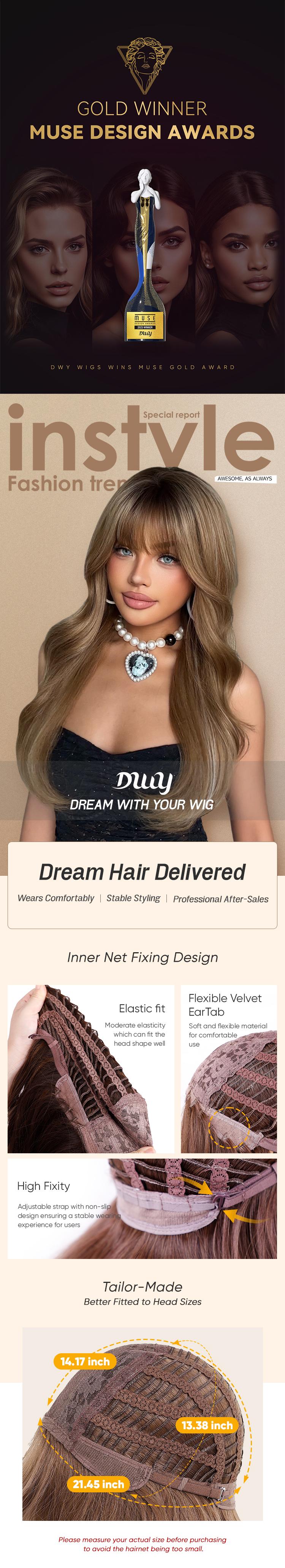 Loni C-DWY New Color 24-Inch Long Wave Light Brown Glueless Synthetic Wig with Bangs for Women High-Quality Premium Fiber Easy Wear Comfortable Fit Wavy