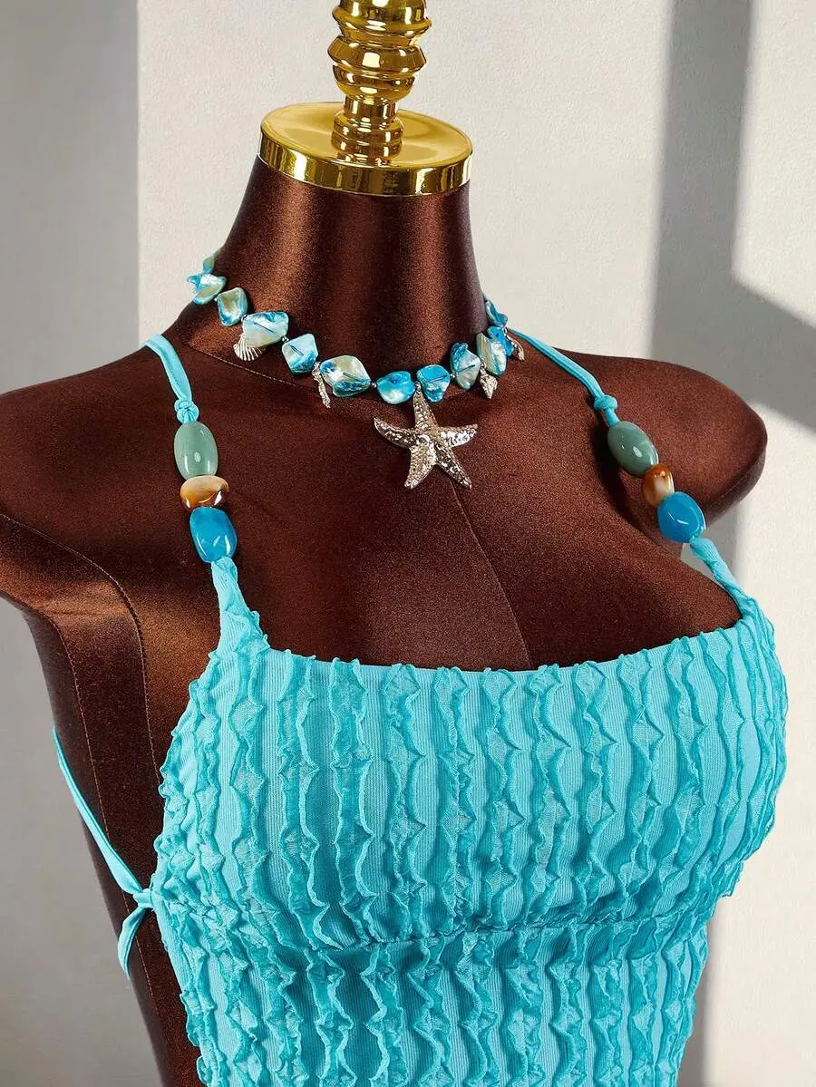Solara x 2026 New Textured Fabric Beaded Open Back Halter Neck Top Blue Backless Teal Swimsuit Turquoise Top Women,Summer Top