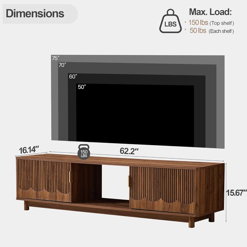 Giratree 62.2" Mid-Century Modern TV Stand, Curved Wooden Media Console with Slatted Storage Doors for 50–70 Inch TVs