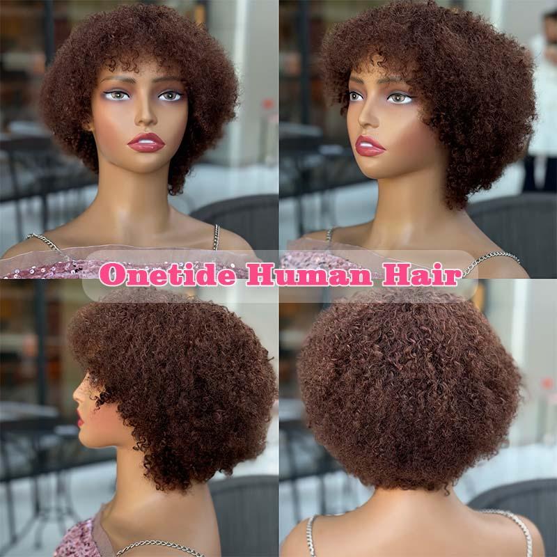 Glueless Wigs Human Hair Short Afro Kinky Curly Blonde Wigs For Women Human Hair Put on & go Soft and Fluffy Glueless Wigs 70s 80s Hair Kinky Curly Wig Cosplay or Daily Use Wigs 180% Density Pixie Curl Work Wig Onetide Hair