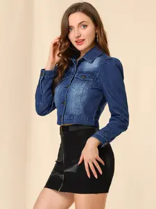 INSPIRE CHIC Women's Button Down Puff Sleeve Cropped Denim Jean Jacket