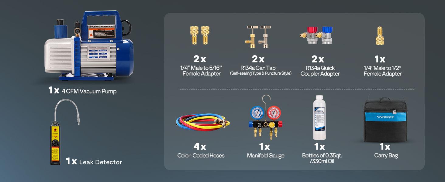 VIVOHOME Upgraded 4CFM 1/3 HP 1-Stage HVAC Vacuum Pump and 4 Way AC Manifold Gauge Set with Leak Detector, 5ft Hoses & Accessories for R134a R12 R22 R502 R410a Automotive Air Conditioner Maintenance