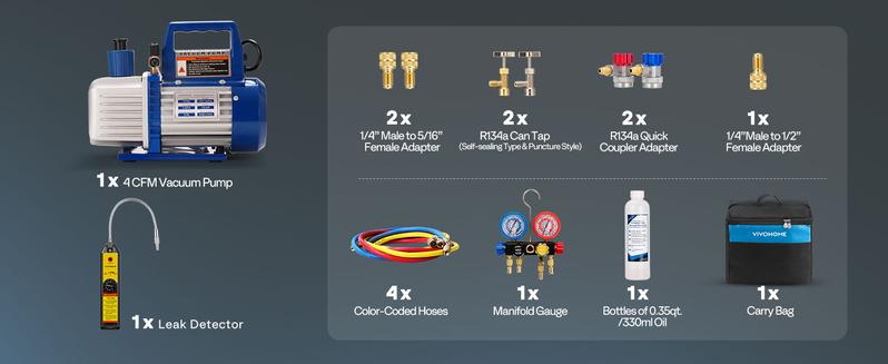 VIVOHOME Upgraded 4CFM 1/3 HP 1-Stage HVAC Vacuum Pump and 4 Way AC Manifold Gauge Set with Leak Detector, 5ft Hoses & Accessories for R134a R12 R22 R502 R410a Automotive Air Conditioner Maintenance