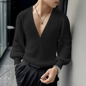 INCERUN Menswear Aesthetic Ribbed Knit Deep V-Neck Sleeved Top for Spring Summer Evening Nightclub Party,summervibes