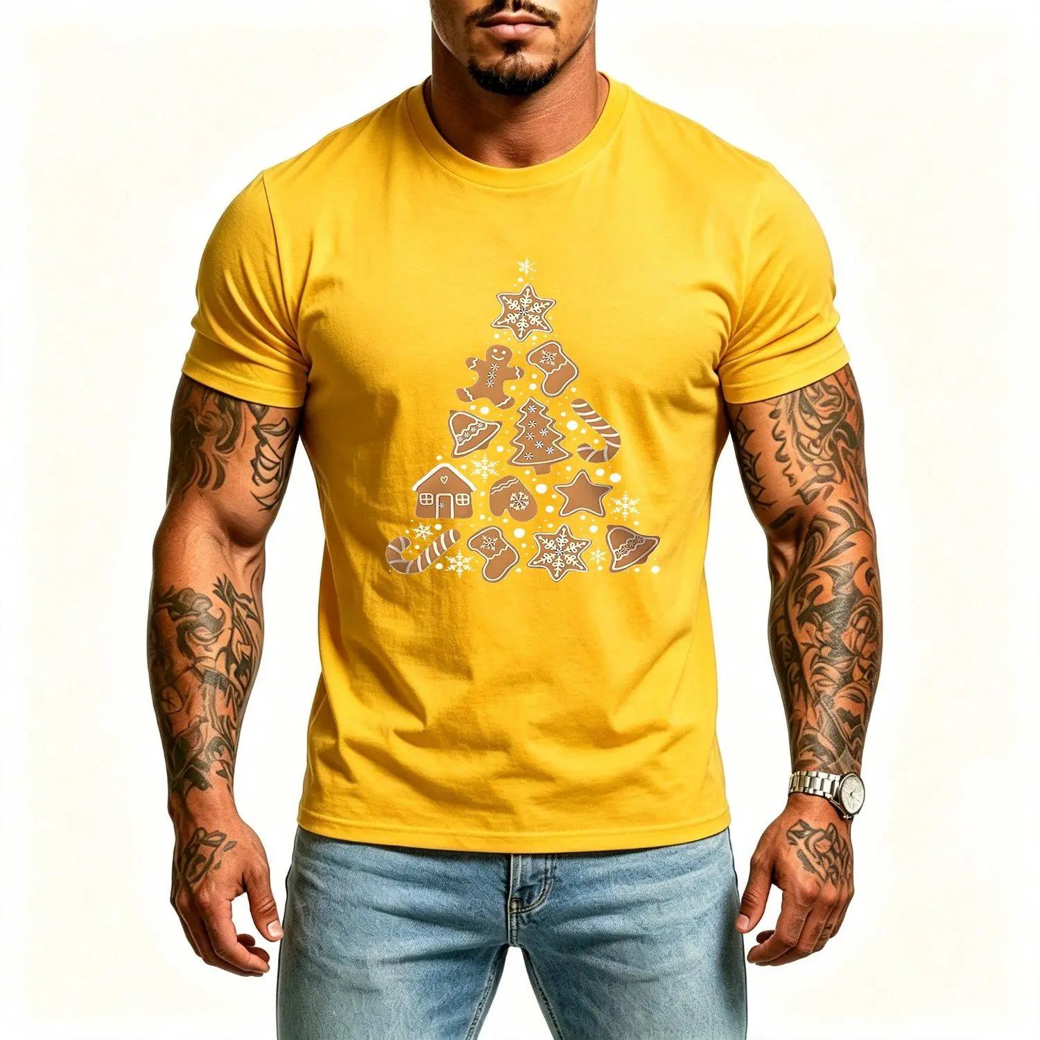 Men's T-shirts Featuring Cute Gingerbread Man Christmas Tree Pattern Printed Short Sleeve Casual Round Neck Tops Suitable for Autumn Summer and Spring Perfect for Everyday Holiday Wear Apparel and Fashion
