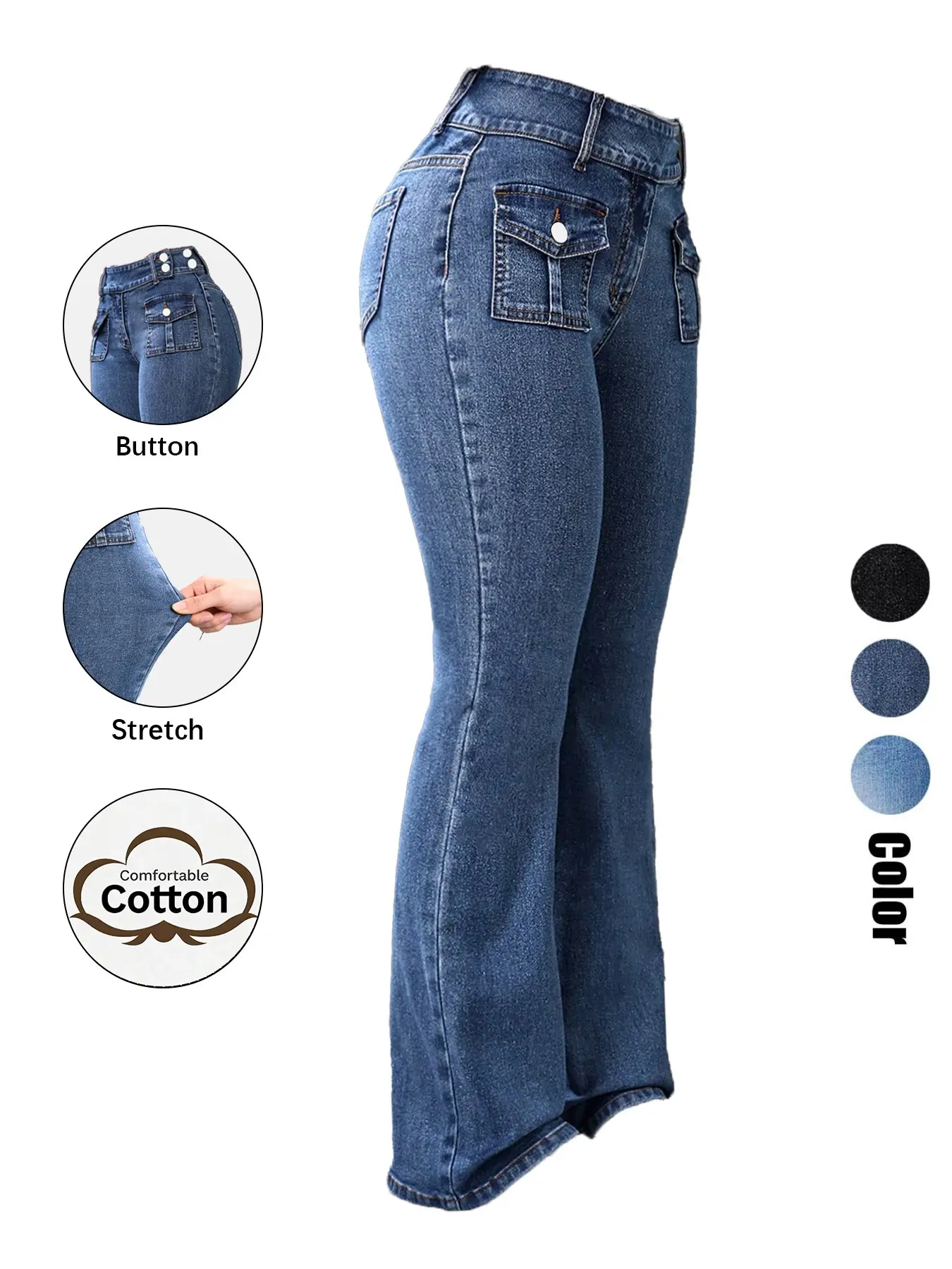 Women's Pocket Stretchy Fit Jeans, Vintage Flared High-Waist Casual Chic Comfy Bell Bottom Denim Trousers Pants for Daily Wear, Ladies Bottoms for All Seasons Button