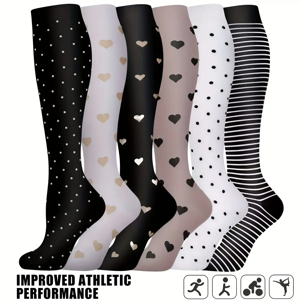 6 Pairs of Compression Socks for Women and Men Sports Socks Breathable Sweat-Absorbent Comfortable Nylon Blend Fabric Suitable for Basketball Football Running Hiking and Outdoor  Thigh High Socks thigh high socks socks for women compression socks women