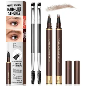 2 Pack 4-Tip Microblading Eyebrow Pen with 2 Brow Brushes, Waterproof Vegan Formula Eyebrow Pencils for Women to Effortlessly Create Natural Hair-Like Strokes, All-Day Wear (Light Brown)