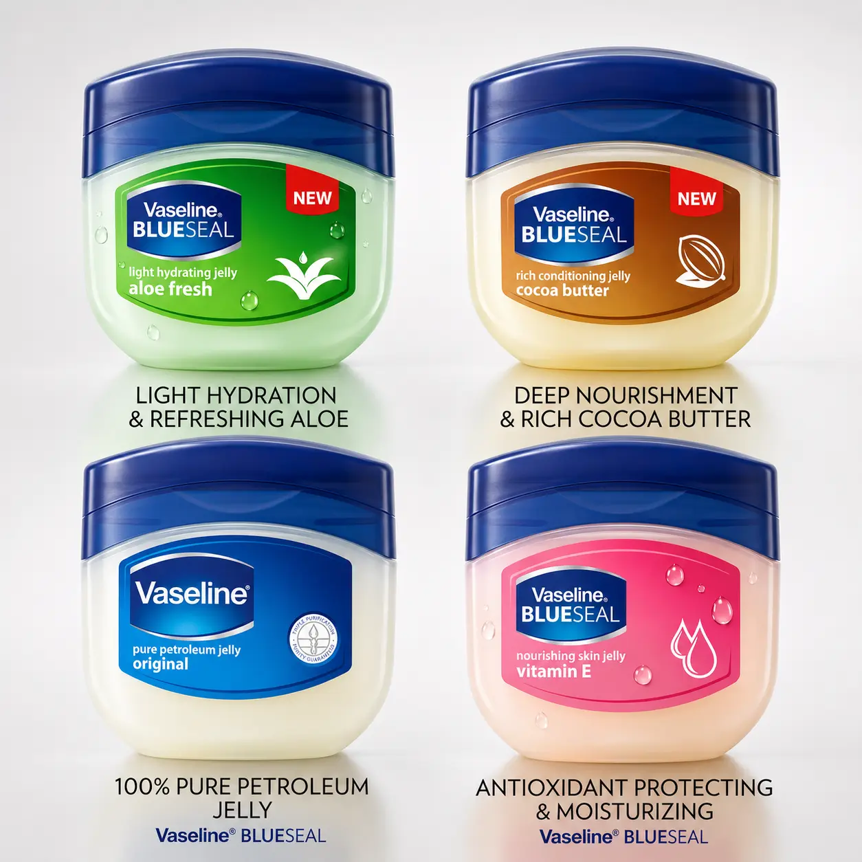 Vaseline Petroleum Jelly 4-Pack Gift Set, Self Care Bundle Box with Cocoa Butter, Aloe & Vitamin E, Hydrating Moisturizer & Lip Softening Balms to Restore Skin, 50ml, Moisturizing Lip Balm