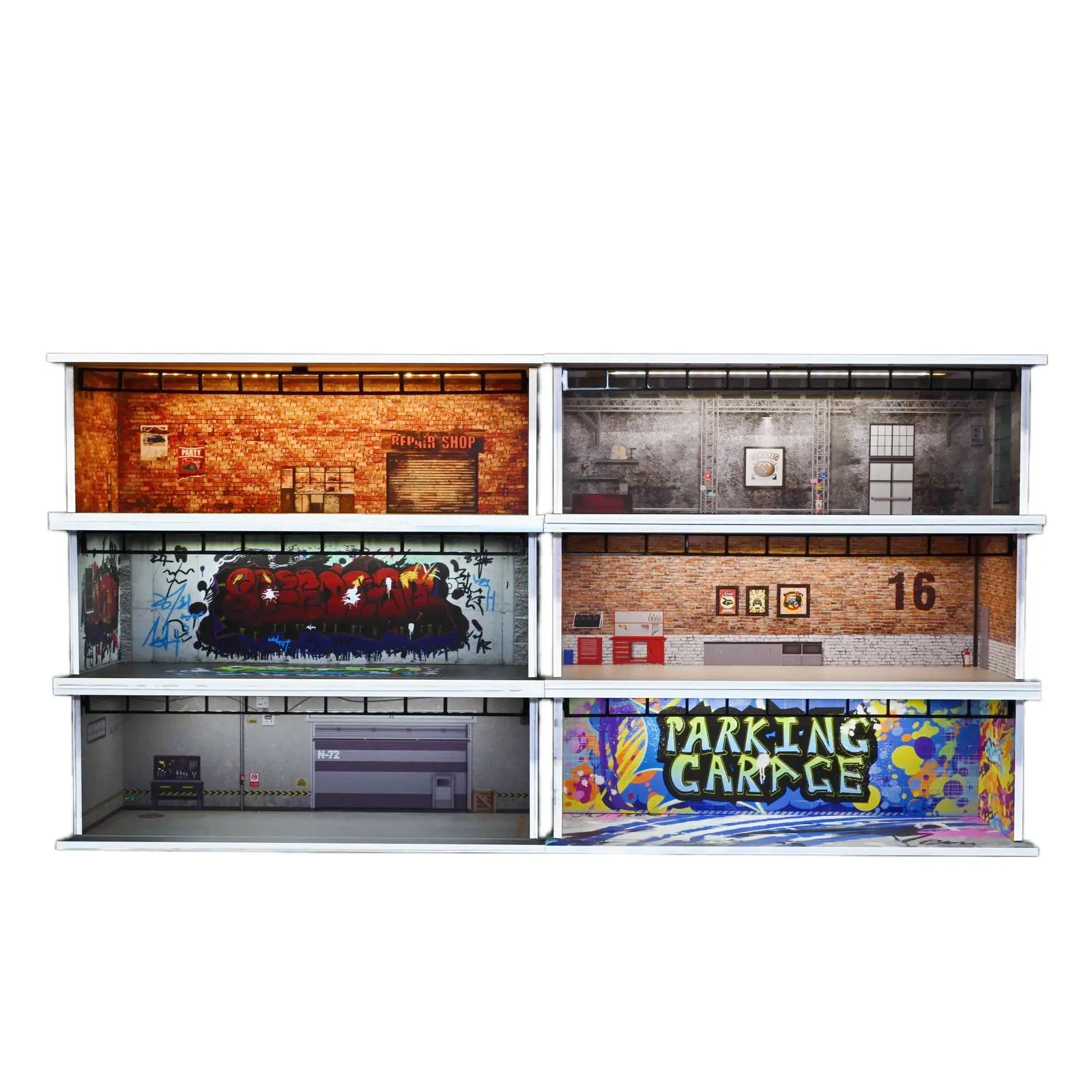 1/64 Scale Retro Garage Diorama Model Toy - Acrylic Board, PVC Body for Toughness, Red Brick, 30cm Length, Built-in LED Lights, Durable Dustproof Design, Repair Shop Underground Parking Scene for Collection & Gifting