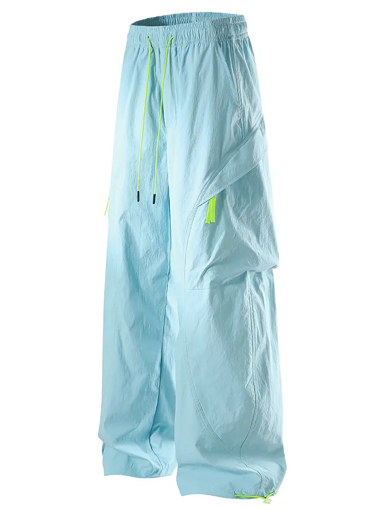 Women's 4-Color Pastel Wide Leg Parachute Pants - Baggy, Oversized, Plain Woven Bottoms with Contrast Drawstring, Curved Seam, Athletic Comfort, Dry Clean Only