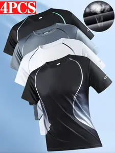 Pack of 4 – Men’s casual athletic T-shirts made from quick-dry summer fabric; stretchy, breathable short-sleeve tops with gradient prints for fitness training; suitable for sports, outdoor activities, and casual wear; ideal as a gift.