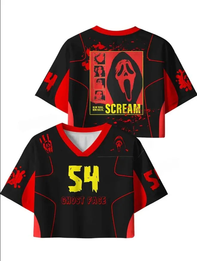 Ghostface 54 Horror Movie Baseball Jersey – Spooky V-Neck Crop Top Halloween Inspried holiday