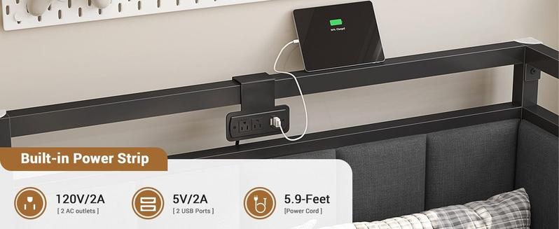 Sikaic LED Daybed with Line Fabric Upholstered Fence and Charging Station Gray Modern Corner Bed Frame with Storage Drawers Kids Bed Unit with LED Light