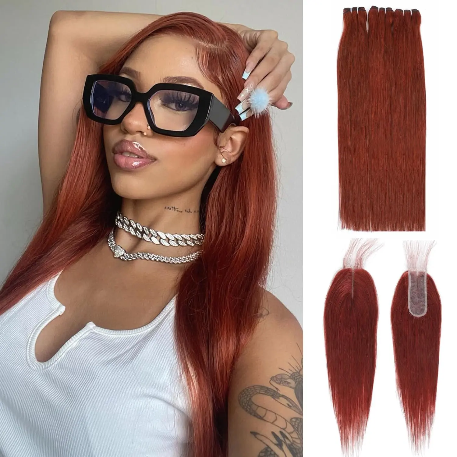 ALHER 13A Double Drawn Reddish Brown 3 Bundles with 2x6/4x4 Straight Human Hair #33B Copper Red Auburn Brown Colored 3 Bundle with 13x4 Lace Frontal 100% Raw Hair 1/3 Bundles(1/3 Bundles,3 Bundles with 2x6/4x4 Closure,3 Bundles with 13x4 Frontal,Optional)