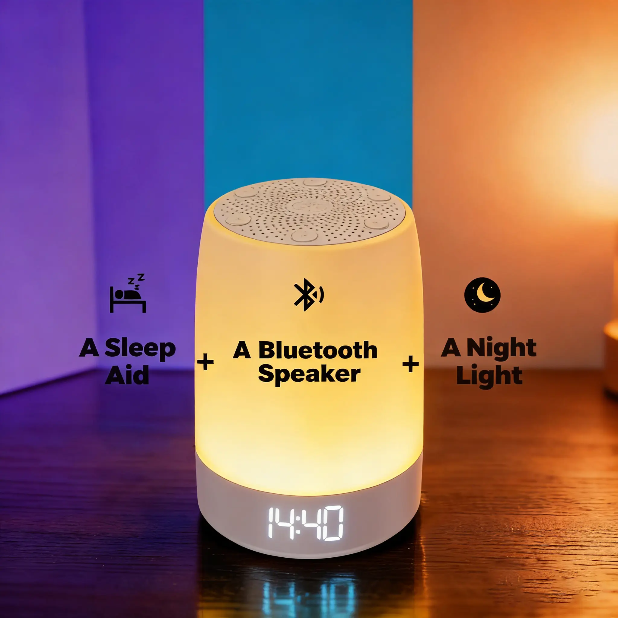 3-in-1 Digital Alarm Clock Bedside Decor - White Noise Machine with 32 Nature Sounds, Bluetooth Speaker for Songs, Dimmable Night Light, 8 Colors+Rainbow Breathing Light, 240-Min Timer, Switch Control for Heavy Sleepers, Home Gift, Bedside Clock, Alarm Fo