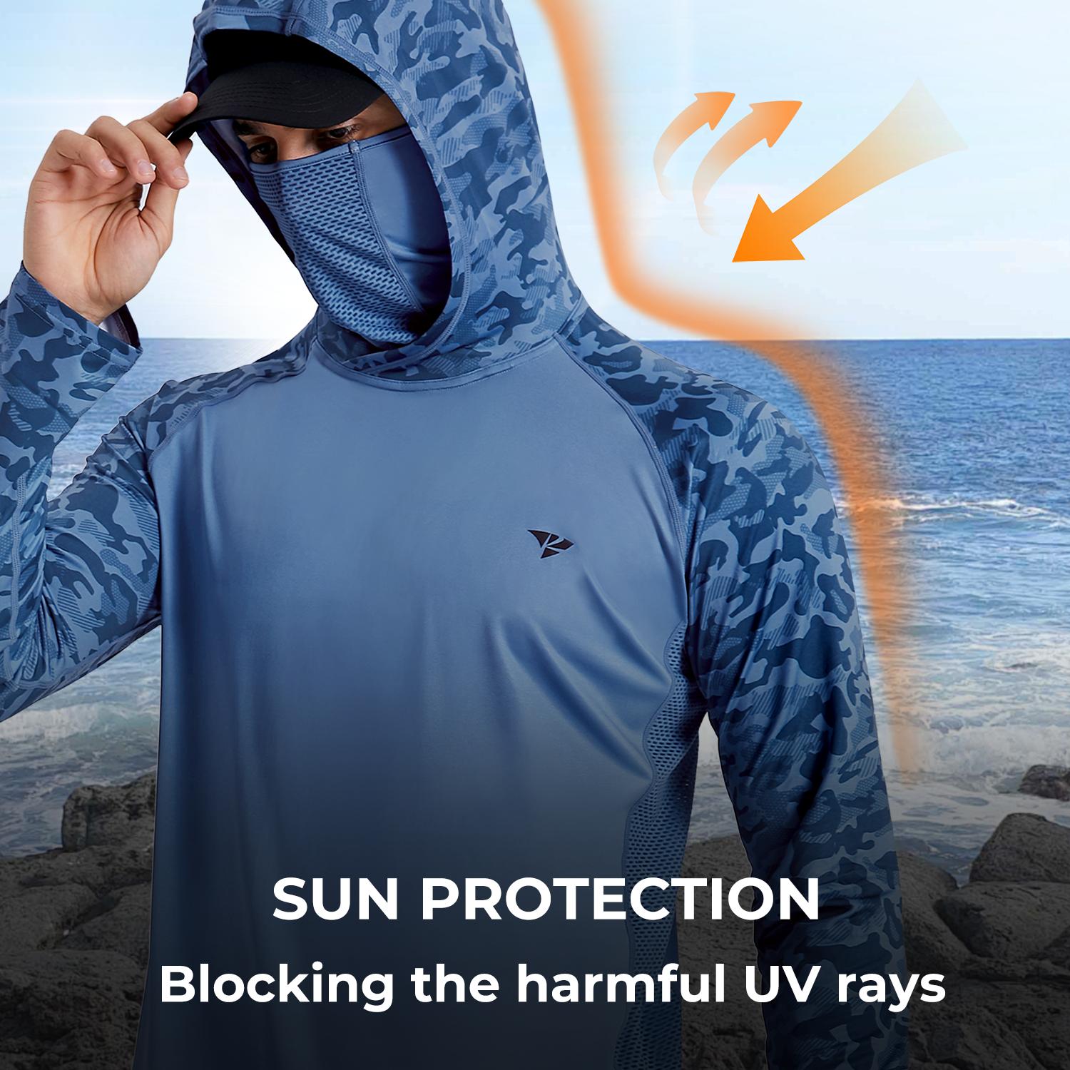 RODEEL 915 Sun Hoodie Shirts w/ Mask Neck Gaiter Men UPF 50+ UV Protection Long Sleeve Lightweight Quick Dry Moisture Wicking Breathable Cooling Activewear for Outdoor Sport Gym Fishing Hiking Roofing Landscaping Construction, Holiday Gift