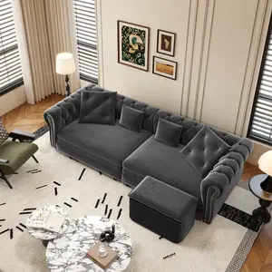 Summervibes Chesterfield Sofa 89" W 3-in-1 Pull-Out Sofa Bed Convertible Sleeper King Size Velvet 3-Seater with Movable Ottoman Tufted Design Grey Comfortable Breathable Fabric