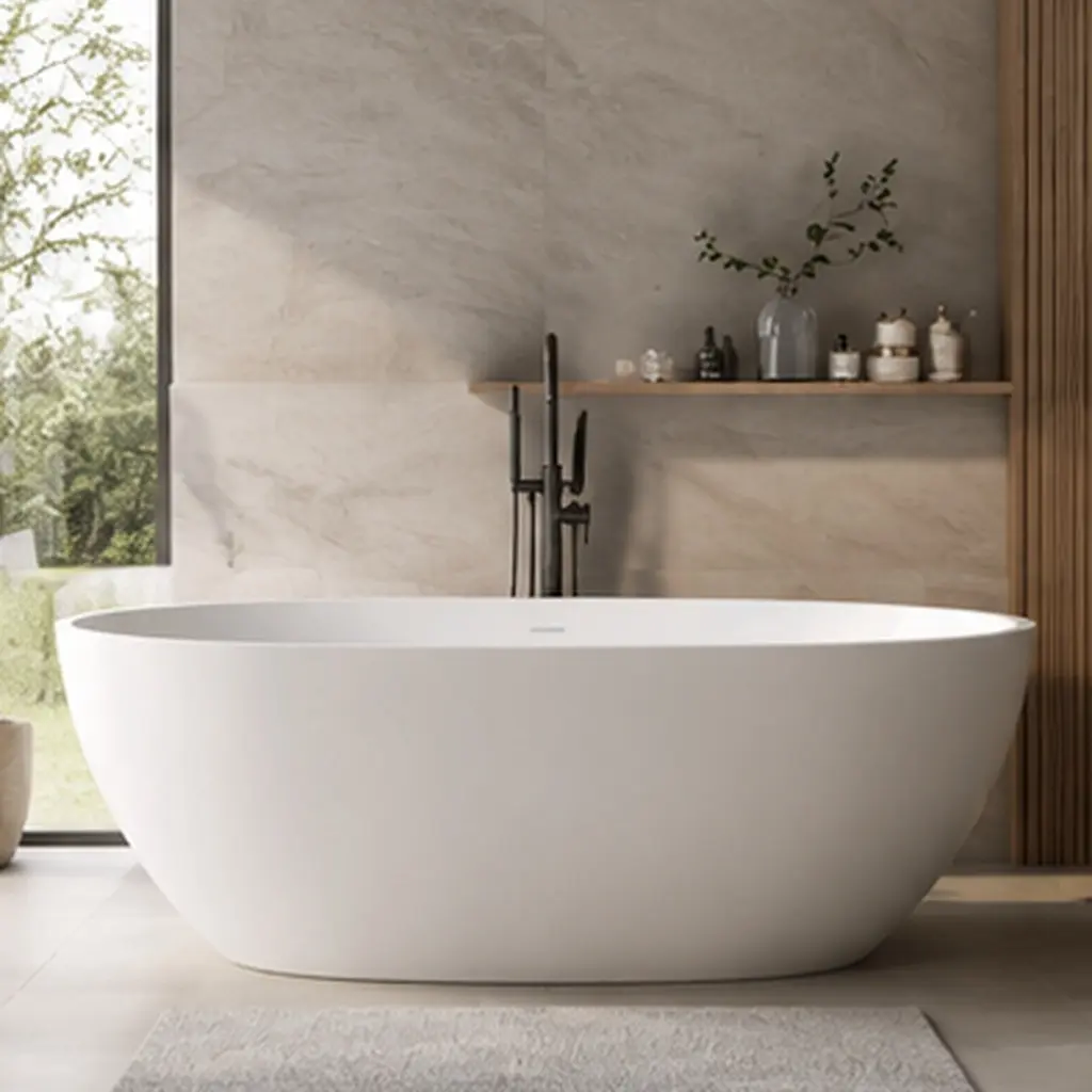 55 Inch Solid Surface Freestanding Soaking Bathtub, Stone Resin Matte White Oval Stand Alone Tub with Overflow and Pop-Up Drain, Ergonomic Deep Soaker for Master Bathroom, Easy Clean Non-Porous Design, 55x29.5x22 Inches, Matte White Color Option