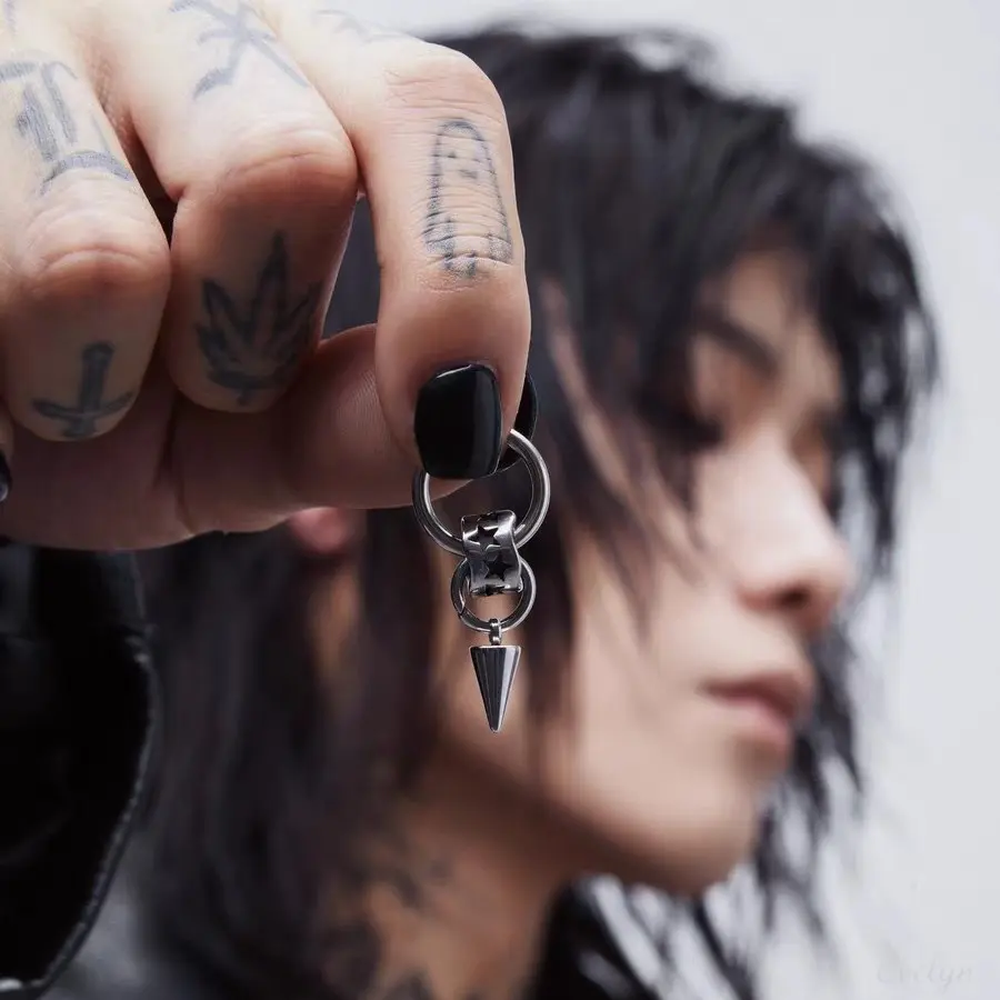 Unisex 2-Star Embossed Spike Dangle Clicker Cartilage Huggie - Polished Stainless Steel Interlink Gothic Punk Cone Drop Costume Jewelry for Alt Street Styling (Earrings Hoops, Clicker Hoops, Dangler, Fashion Jewelry), Costume Earrings, Fashion Jewelry