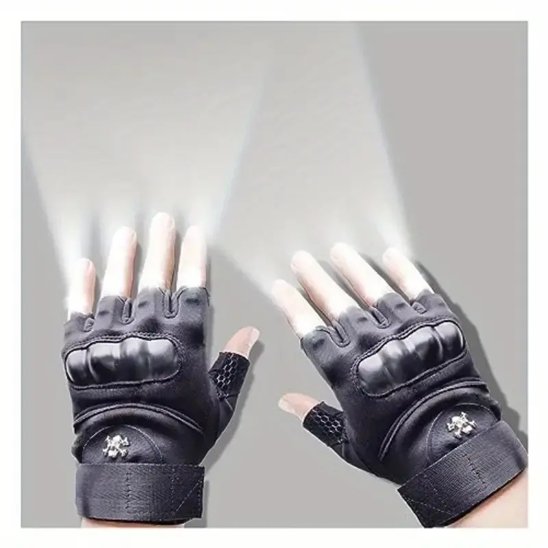 Unisex 8-LED Flashlight Fingerless Outdoor Sports Gloves, Durable Black with Adjustable Wrist Strap for Secure Fit, Ideal Daily Carry Gift, Lights, Christmas