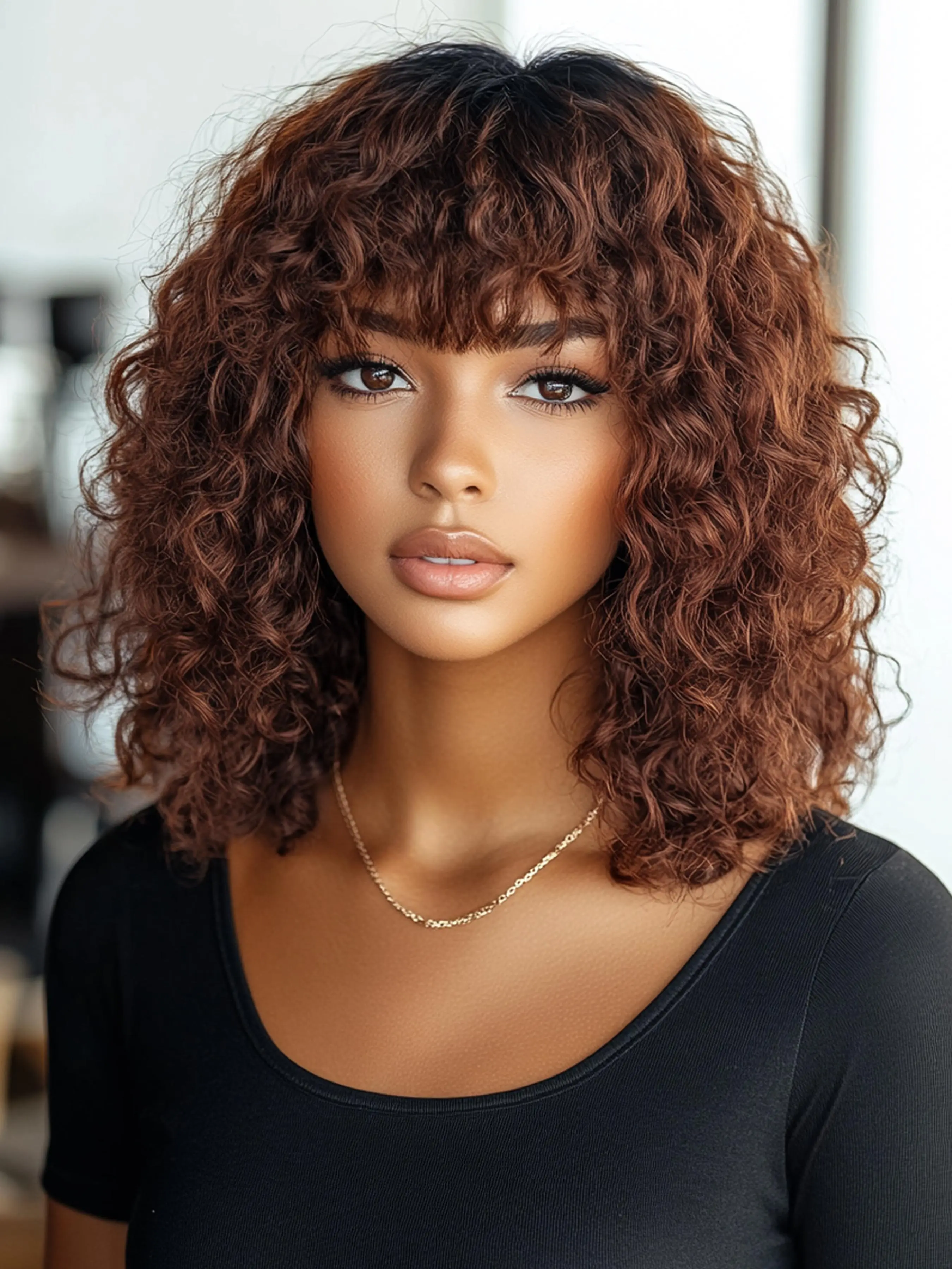 Brazilian Human Hair Bob Wig, Real Hair Wig, Medium Length Wig, Kinky Curly Texture, 180% Density Wig with Pre-Styled Bangs, Human Hair Wigs