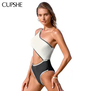 CUPSHE Colorblock Shell Stitched Monokini Casual Summer Beachwear Removable Soft Cups Swimwear Modest One Piece Swimsuit One Shoulder Bathing Suits Playful Design