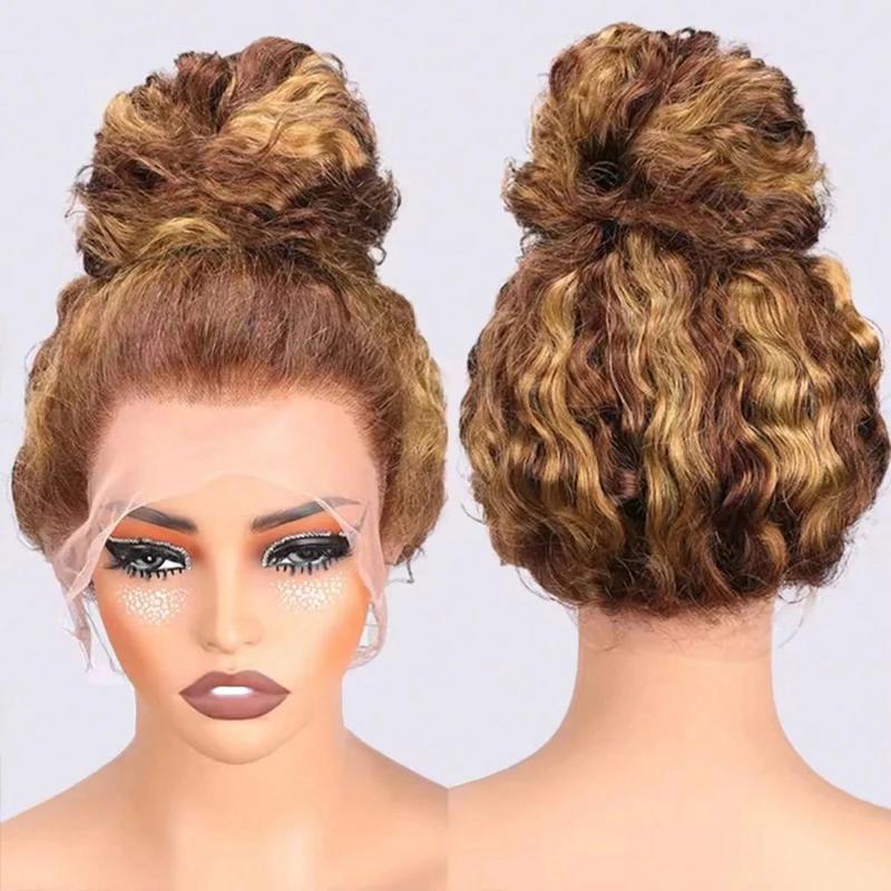 30 36 Inch Highlight 360 Deep Wave Wig Hidden Invisible Strap 360 Full Lace Front Wigs Human Hair 180% Density Ombre Honey Blonde Drawstring Wig Human Hair For Women Pre Plucked Colored 4/27 Glueless Curly Wig Human Hair