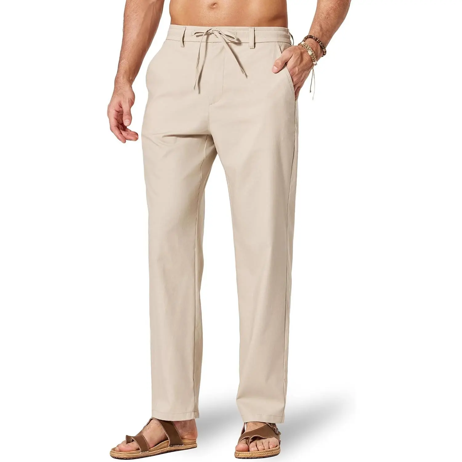 Men's Cotton Linen Pants Casual Drawstring Dress Pants Beach Summer Lightweight Trousers