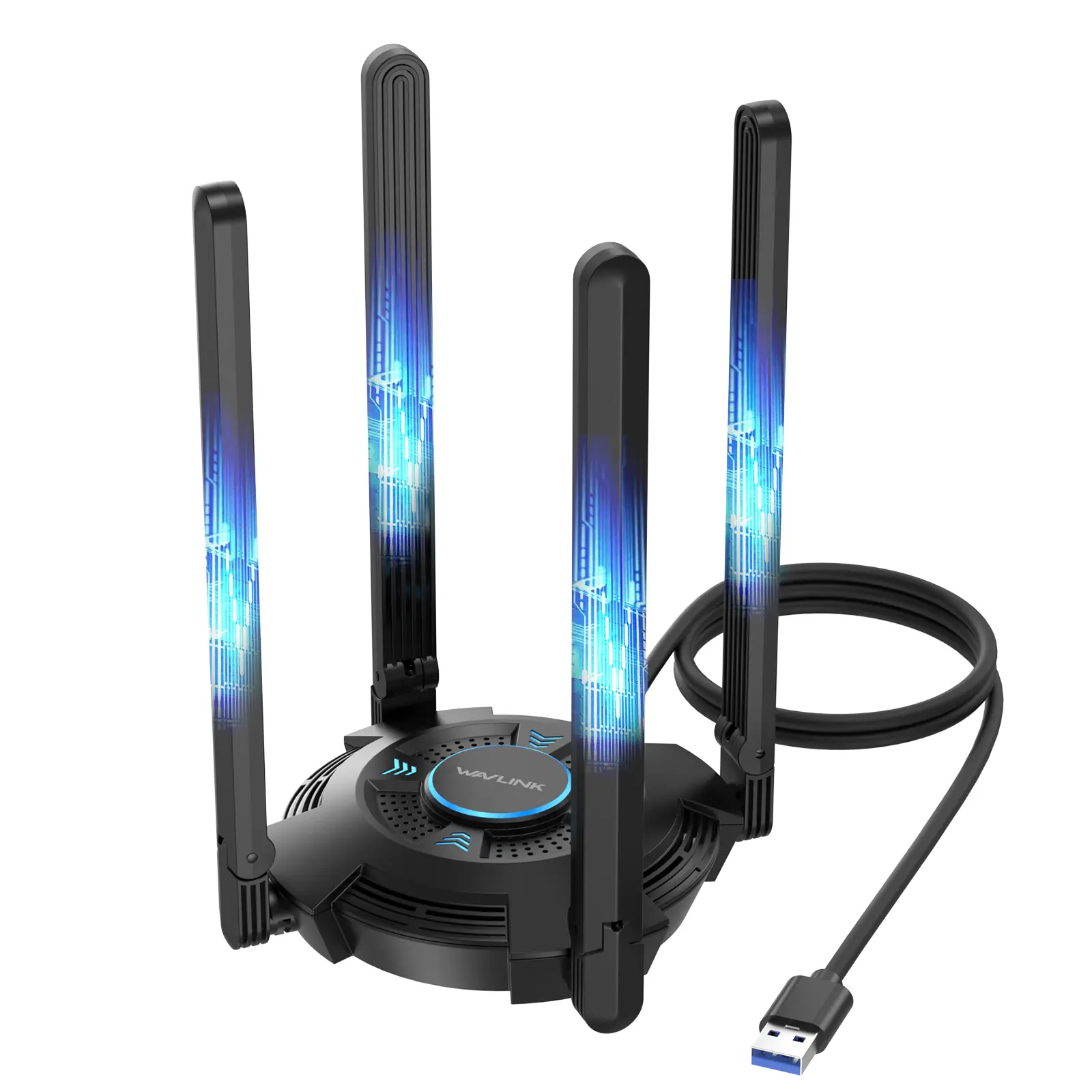 WAVLINK AX5400 WiFi 6 (802.11ax) Tri-Band USB 3.0 Wireless Adapter for Windows 11/10 PCs, 6GHz/2402Mbps, 5GHz/2402Mbps, 2.4GHz/573Mbps, 4x5dBi High-Gain Rotatable Antennas, 1024QAM, OFDMA, WPA3, Built-In Drivers, Ambient Lighting Support, 1M USB 3.0 Cable