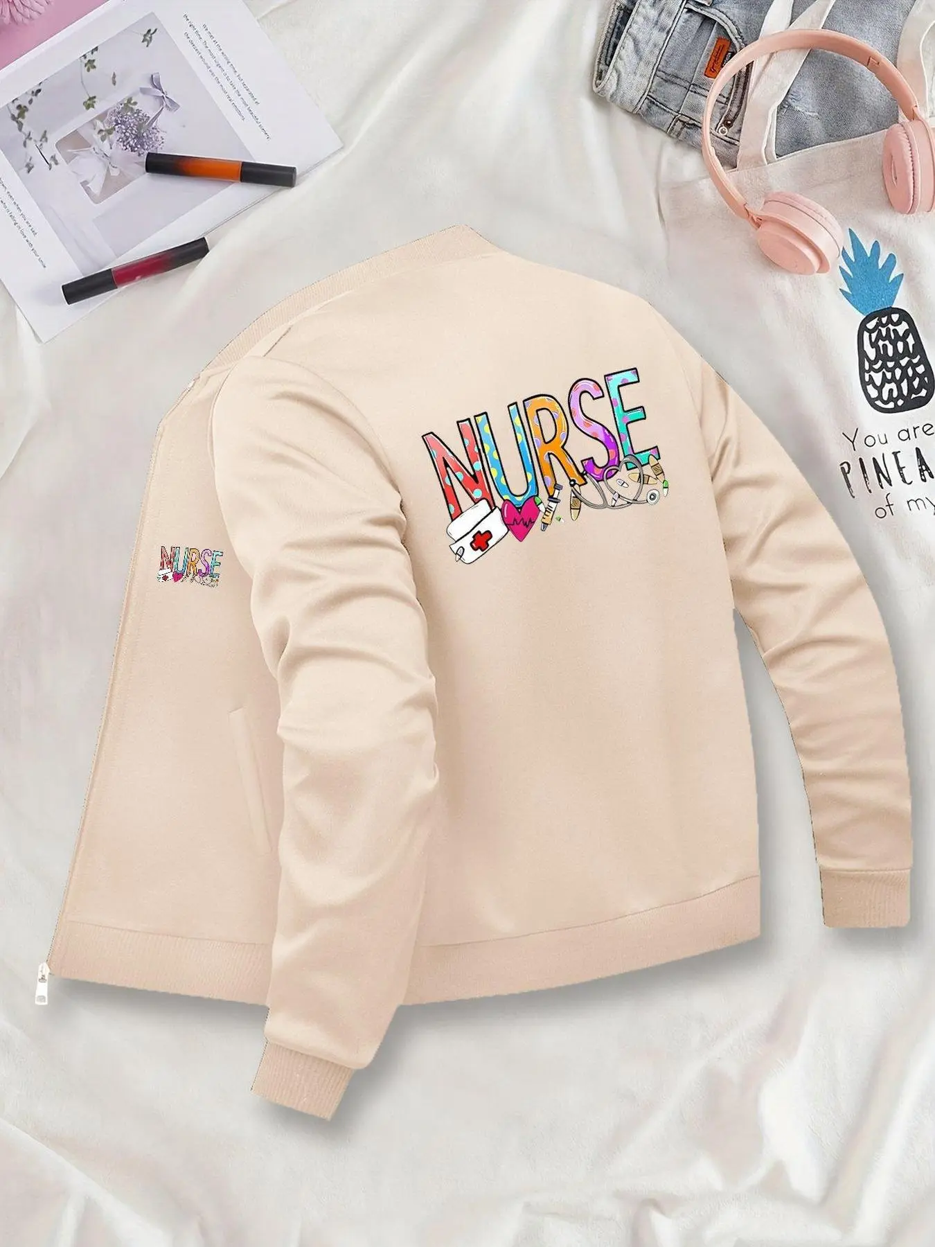 Women's Casual Graphic Knit Jacket Outerwear, Fitted Zipper Long sleeve Cardigan for All Seasons, Stylish Nurse Coat with Baseball Collar, Unique Layering Piece, Aesthetics