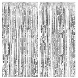2 Pack Foil Curtain Backdrop Silver Metallic Tinsel Foil Fringe Curtains Photo Booth Props for Birthday Wedding Engagement Baby Shower Bachelorette Christmas Holiday Celebration Party Decorations