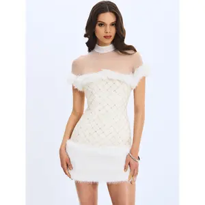 Taylor Ivory Fur Trimmed Beaded Bouclé Mini Dress