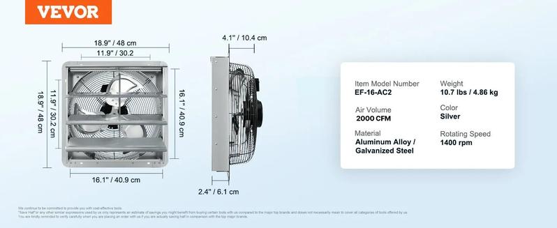 VEVOR Shutter Exhaust Fan, 16'' with Temperature Humidity Controller, EC-motor, 2650 CFM, 10-Speed Adjustable Wall Mount Attic Fan, Ventilation and Cooling for Greenhouses, Garages, Sheds, ETL Listed  With or without a controller
