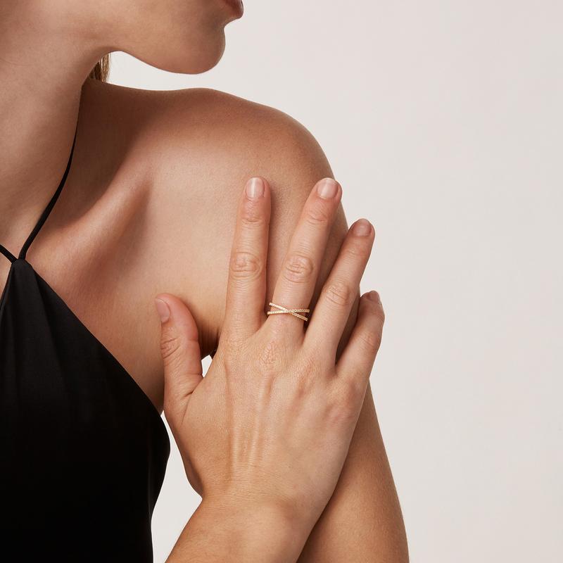 PAVOI 14K Gold Plated Women's X Ring Simulated Diamond CZ Criss Cross Ring