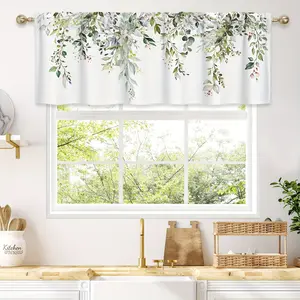 1pc Sage Green Eucalyptus Leaves Curtain Valance for Kitchen, No Punching Short Curtains for Dining Room, Living Room, 18" x 60", 100% Polyester, Machine Washable, Rod Pocket, Decorative Art Style, Light Blocking, All-Season Home Decor Foldable Colorful