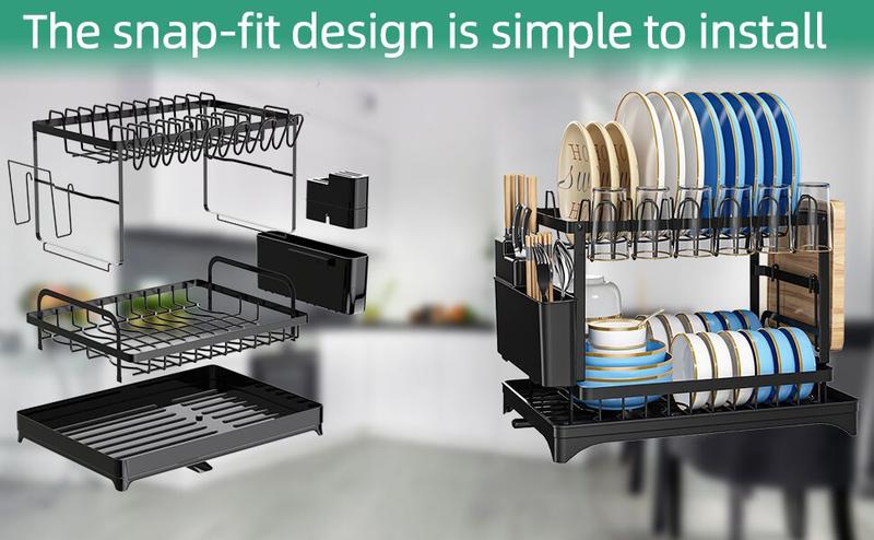 【TikTokShopBlackFriday】Raybee Double-Layer Large-Capacity Kitchen Countertop Drain Rack with Drain Board, Made of Metal, for Holding Dishes, Knives, Cups, and Cutting Boards