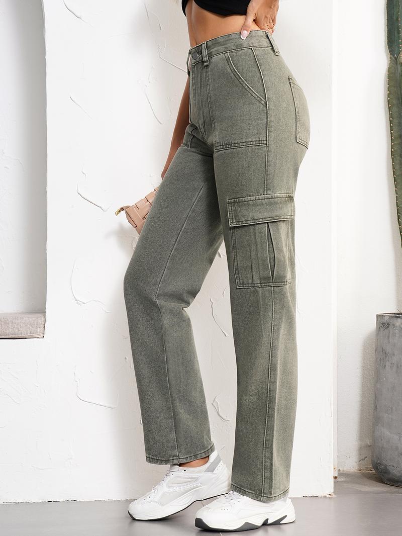 Women's High Waist Cargo Jeans Flap Pocket Wide Leg Denim Pants