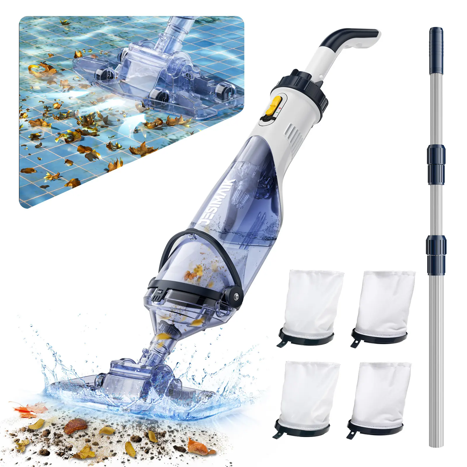 Cordless Handheld Pool Vacuum 40W Motor 18.5 GPM Powerful Suction 60 Min Runtime 87.5in Telescopic Pole Transparent Dual Head 2in1 Scrub/Vacuum 300+500 Mesh Clean Dual Filtration Batteries Included for Inground Pools Spas, Inground Pool, Hot Tubs