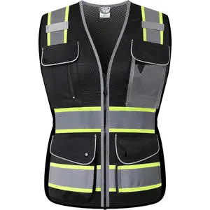 Reflective Safety Vest for Women Mesh High Visibility Vest with 8 Pockets and Front Zipper High Vis Vest Work Vests Meets ANSI/ISEA Standards(Black-16, Small)