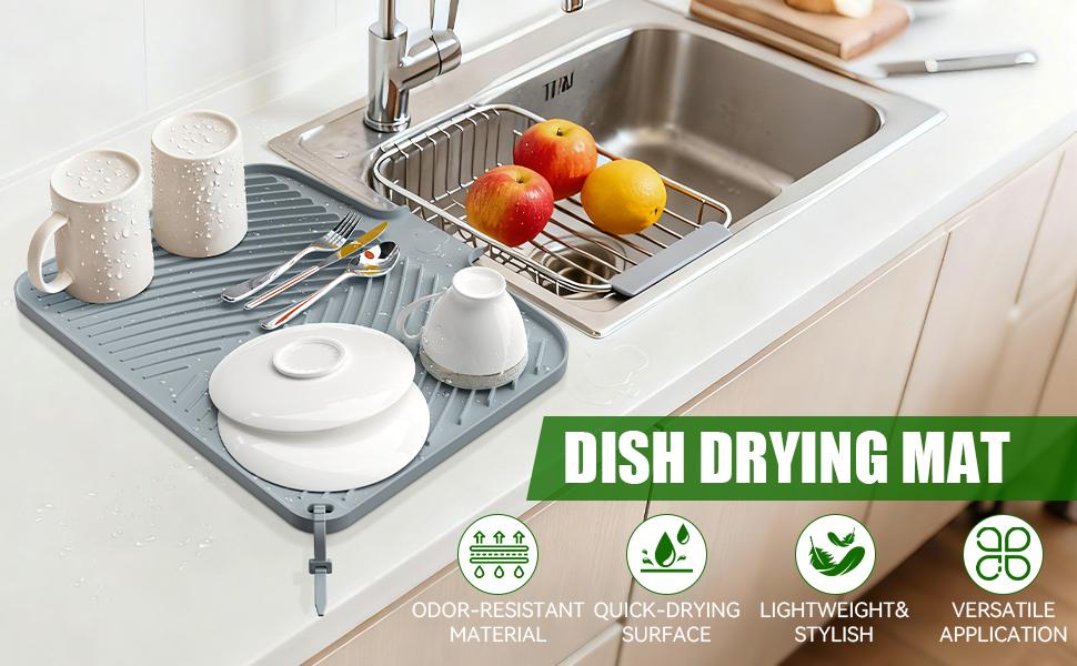 Belife Dish Drying Mat for Kitchen Counter Non-Slip Drain Pad with Built-in Drain Heat Resistant Stone Drying Mat 16.9 x 14.6 Quick Drying Anti-Slip Food Grade Silicone Multifunctional Mat