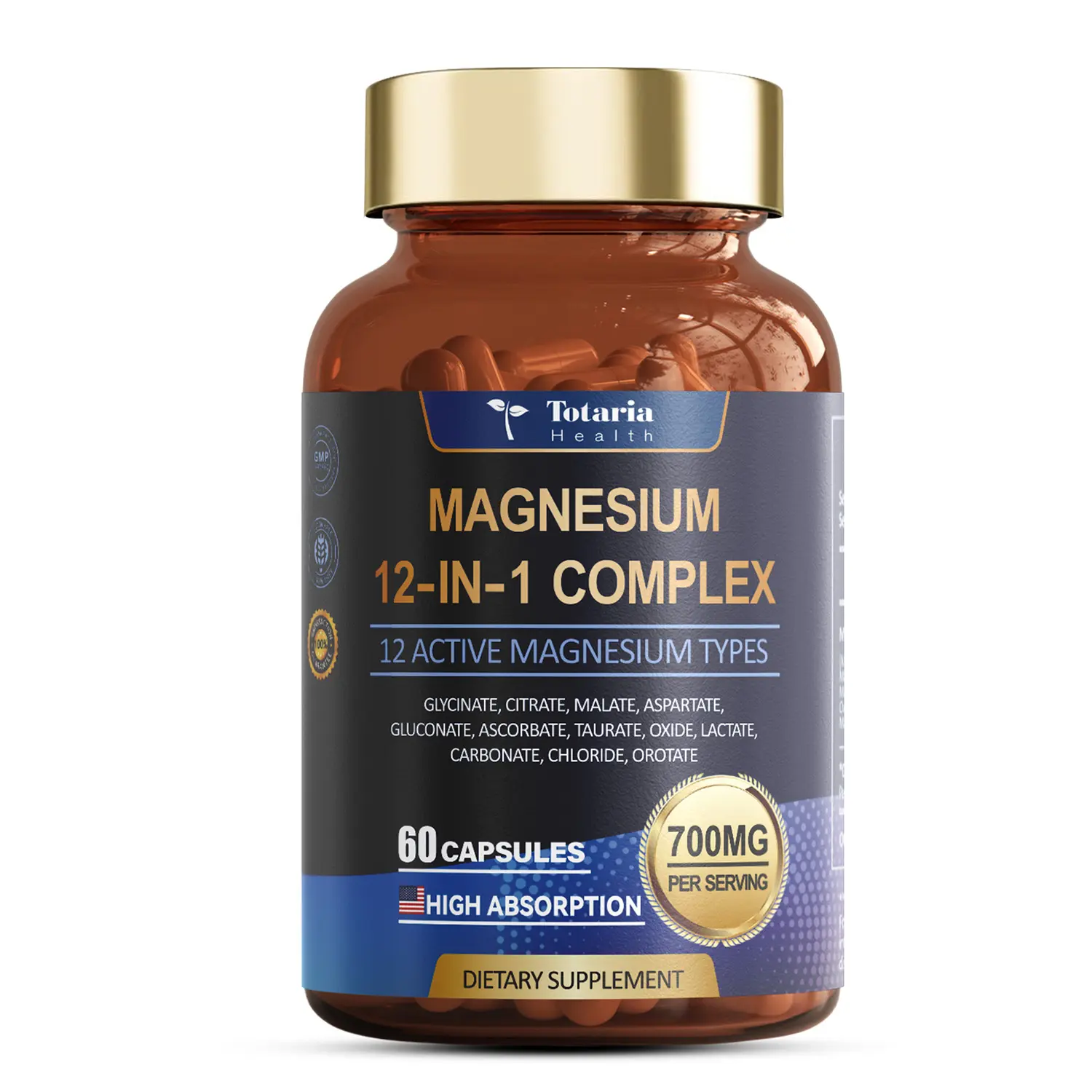 Totaria Nature Magnesium 12-in-1 Complex 700mg - 60 Vegan Capsules for Muscle Heart & Relaxation Support High Absorbable Blend of 12 Chelates Dietary Supplement,travel essentials