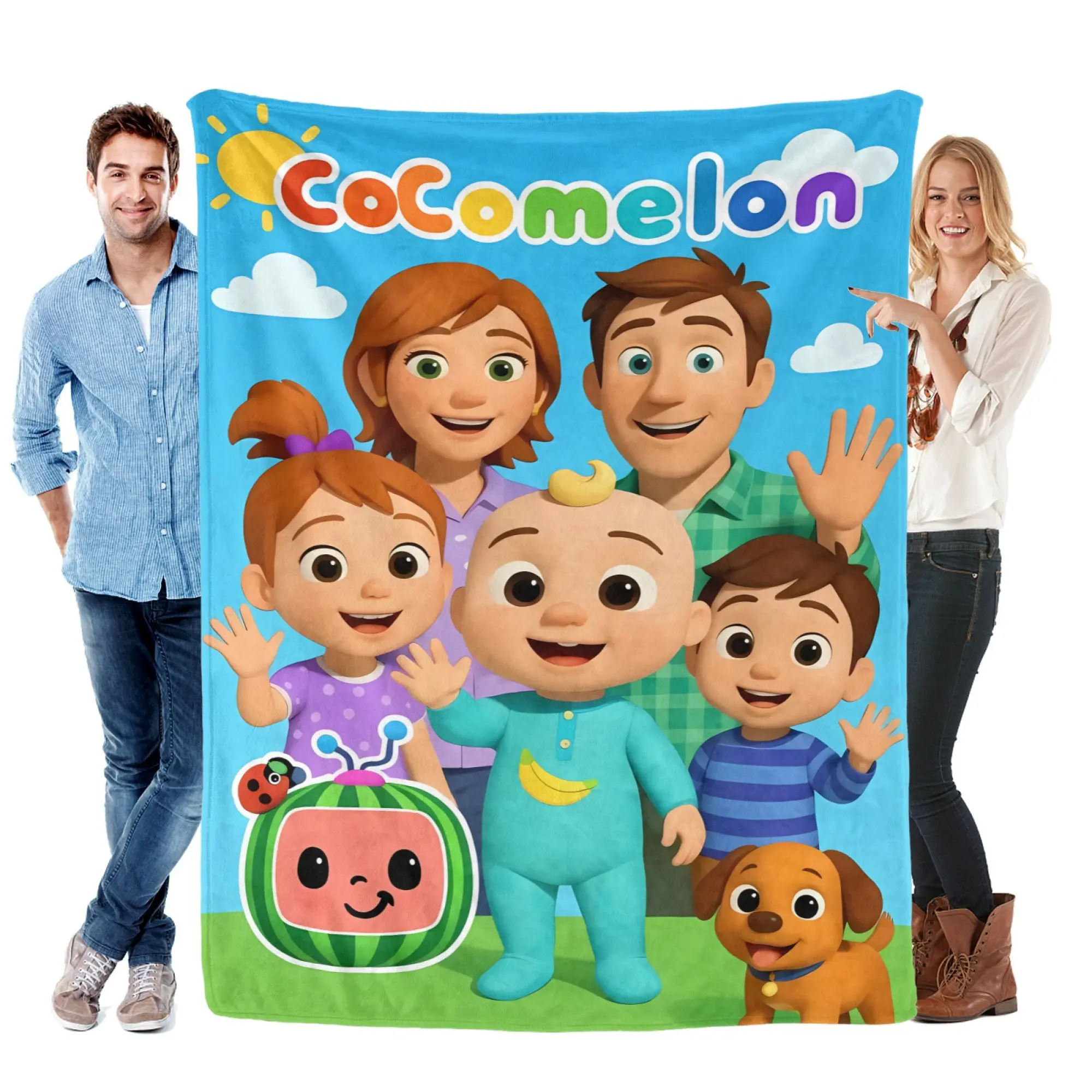 Sweet Cute CoComelon Entire Family And Puppy Print Flannel Throw Blanket, Sunflower Sky Kids Animation Blanket, Ultra-Soft Warm Home Bedding, Surprise Gift For Preschool Boys And Girls