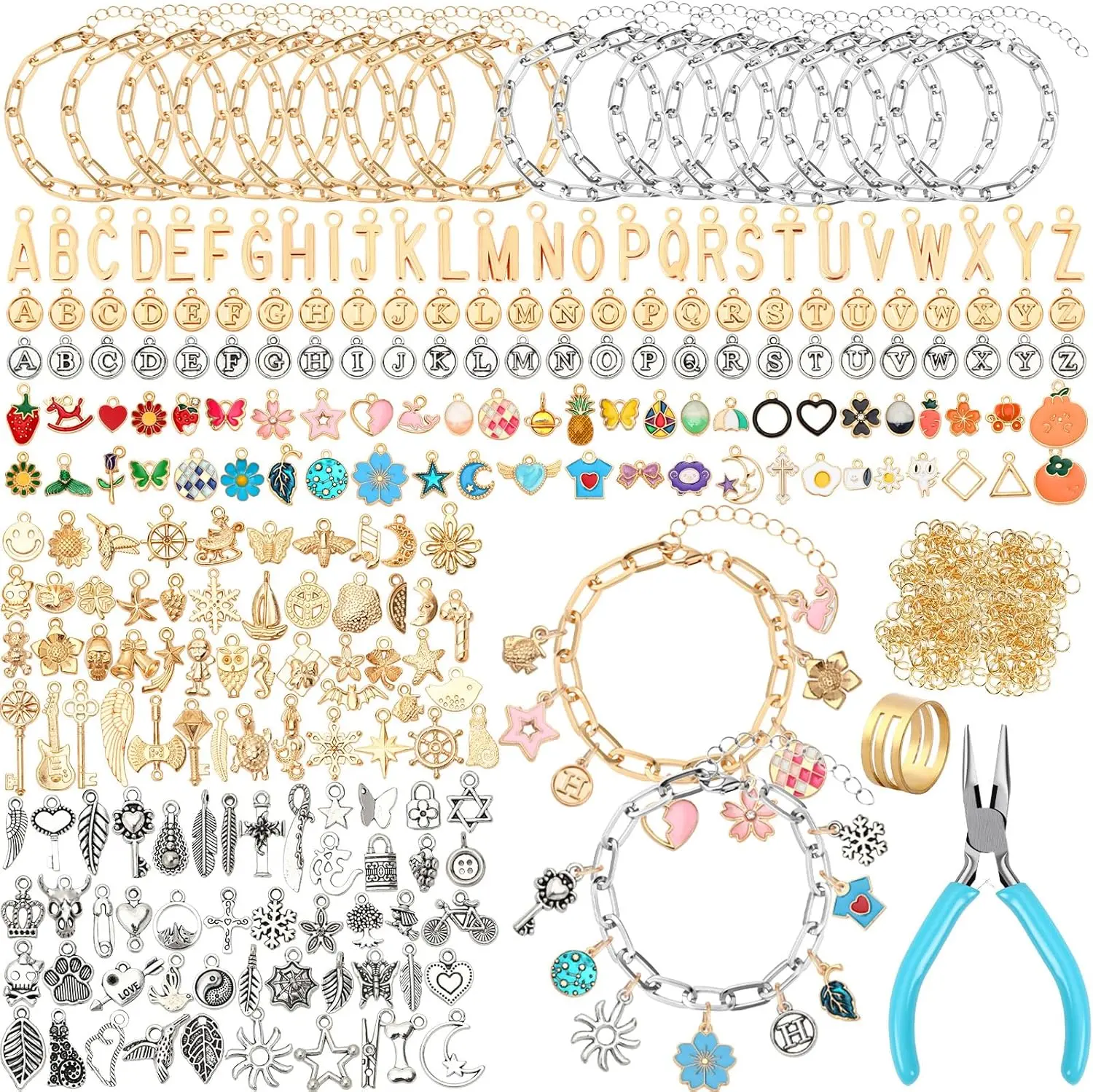 486Pcs Charm Bracelet Making Kit, Including 16 Bangles 228 Charms | 240 Jump Rings and Pliers Tools for Crafts, Gold Silver Charm Chain for DIY Bracelet Making Supplies