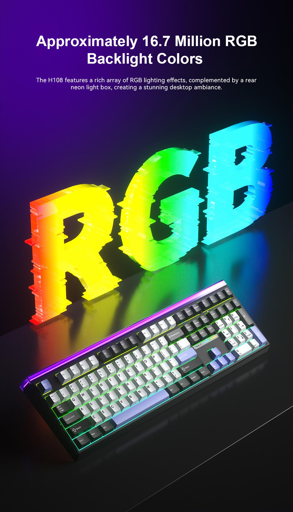 AULA H108 Full-Size Silent Mechanical Keyboard Tri-Mode Bluetooth 2.4G Wireless Silent Feather Switches RGB Backlight Black White Purple Computer Office Keyboards