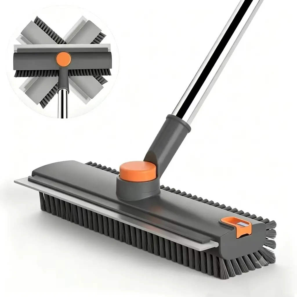 3-in-1 Floor Scrub Bathtub Brush with Long Handle - Double-Sided, Heavy-Duty Stiff Bristles, Squeegee - Household & Multipurpose Cleaning Tool for Bathroom, Patio, Home Cleaning Essentials, Household Cleaning Tool
