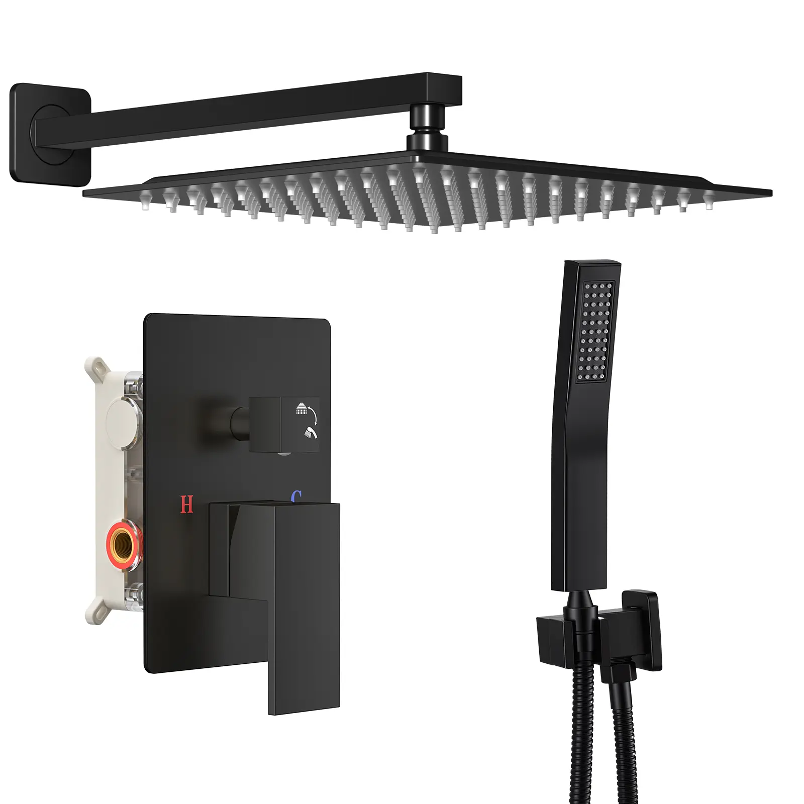 Rain Shower System with Pressure Balance Rough-In Valve, Square Rain Shower Head & Handheld Spray Combo, Wall Mount Dual Function Shower Faucet Complete Kit for Bathroom Renovation