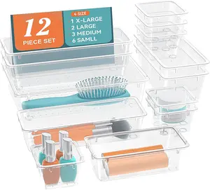 12 PCS Drawer Organizer Set, 4 Sizes Makeup Vanity Organizer, Clear Plastic Organization and Storage Bins for Makeup, Stationeries, Multiple Gadgets for Kitchen, Bathroom, Office, Bedroom