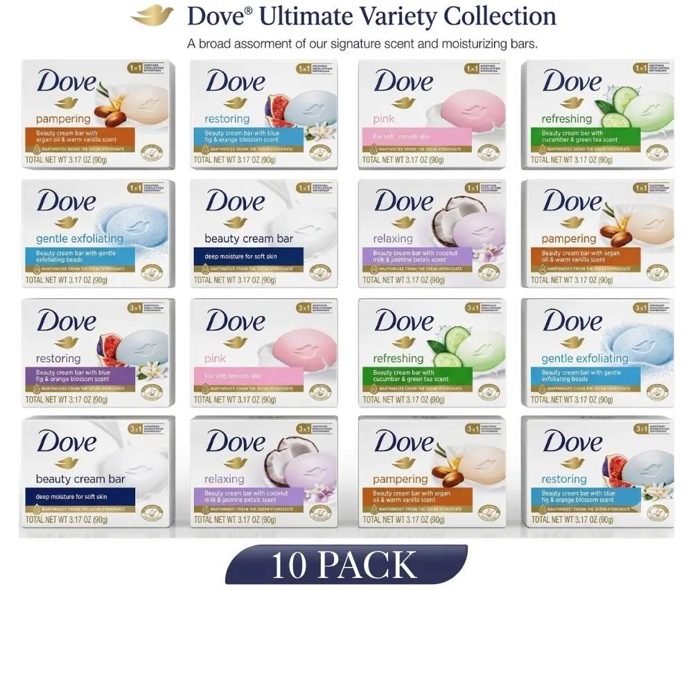 Dove Beauty Bar Soap Variety Pack, 10 Count (90g/3.2oz) Alcohol-Free Cleanser - Cream Base, 1/4 Hydrating Moisturizer, Smelling Good Soft Skin Wash, Bathtime Fun Bathe Essential, Assorted Fragrances, No Harsh Additives, Body Wash for Sensitive Areas